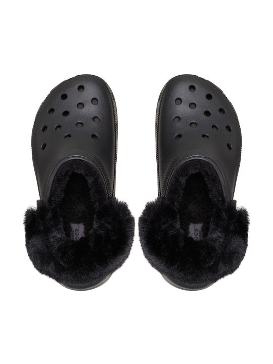 Crocs Saboti Platformă Clasici Pentru Femei Cu Blană Negri