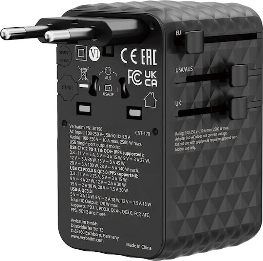 Verbatim Charger Without Cable GaN with USB-A Port and 3 USB-C Ports 170W Power Delivery Black (Charge 'n' Travel)