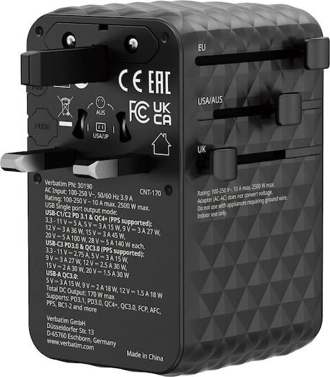Verbatim Charger Without Cable GaN with USB-A Port and 3 USB-C Ports 170W Power Delivery Black (Charge 'n' Travel)
