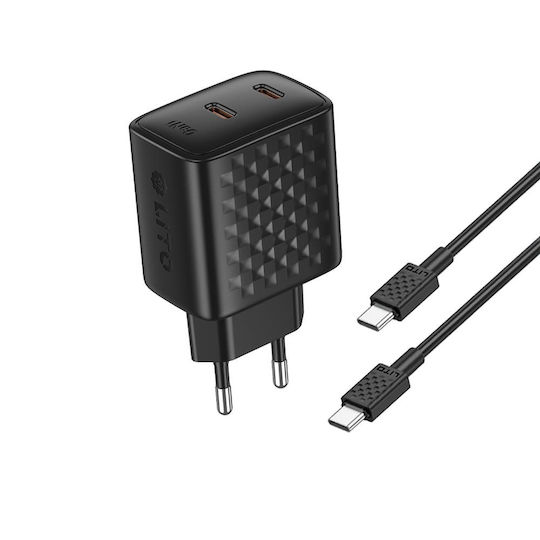 Lito Ladegerät mit integriertem Kabel GaN mit 2 USB-C Anschlüsse 45W Stromlieferung Schwarzs (LC22T)