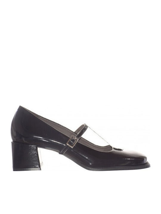 Patent Leather Black Medium Heels with Strap