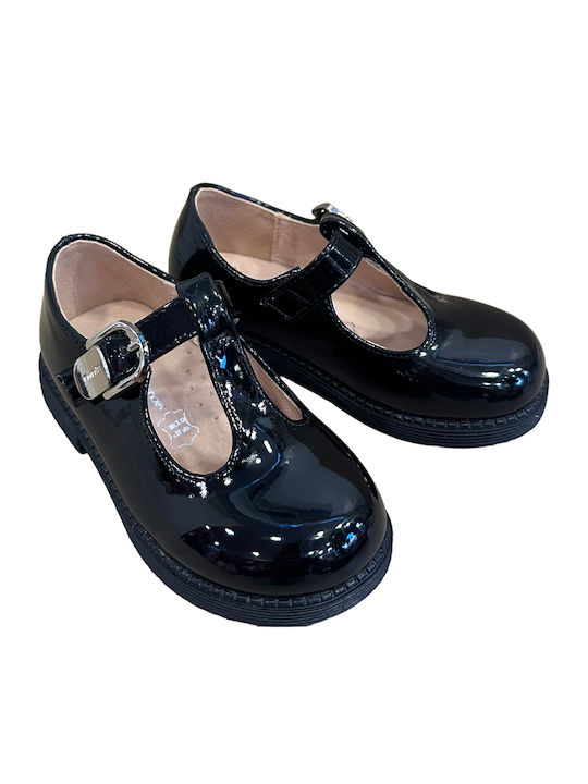 Kids Leather Ballerinas with Adjustable Metal Clasp Black
