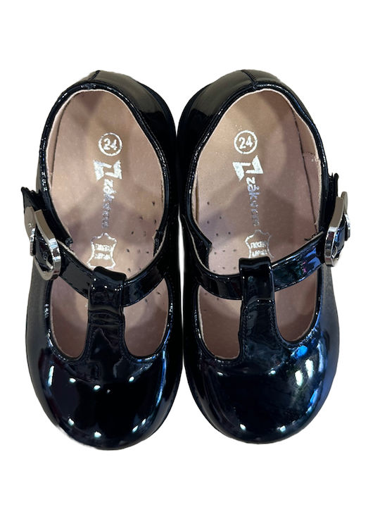 Kids Leather Ballerinas with Adjustable Metal Clasp Black