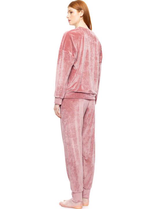 Pink Label Χειμερινό Γυναικείο Σετ Πιτζάμας Βελουτέ Dusty Pink