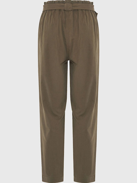 Women's High-waisted Fabric Trousers with Elastic Loose Fit Dusty Olive Green