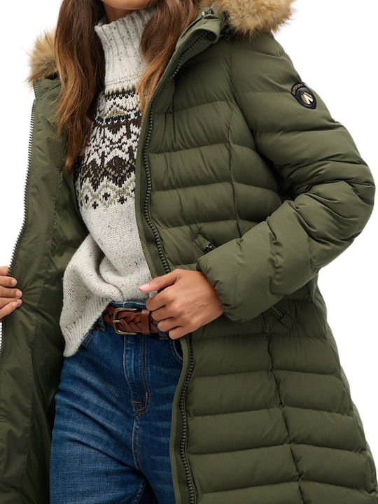Fuji Faux Μακρύ Γυναικείο Μπουφάν για Χειμώνα Beetle Green