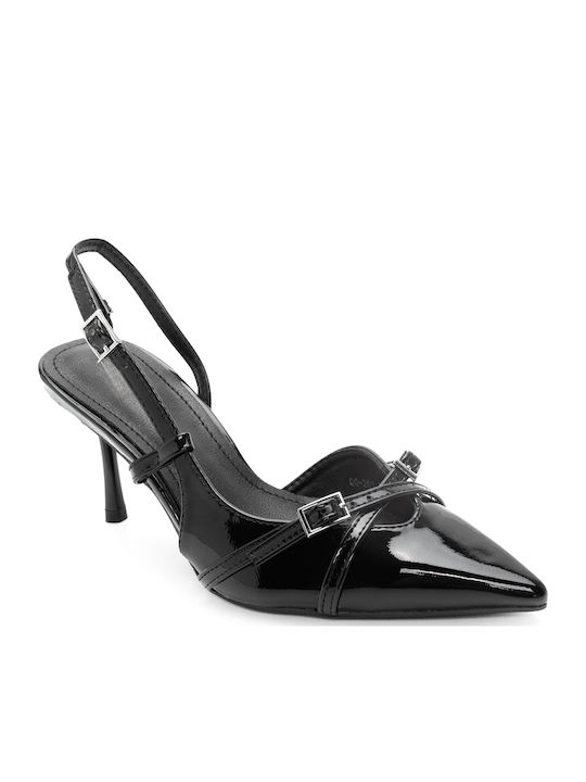 Synthetic Leather Pointed Toe Black High Heels with Strap