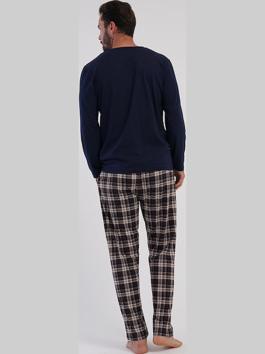 Vienetta Secret Men's Winter Checked Pajamas Set Blue Marine