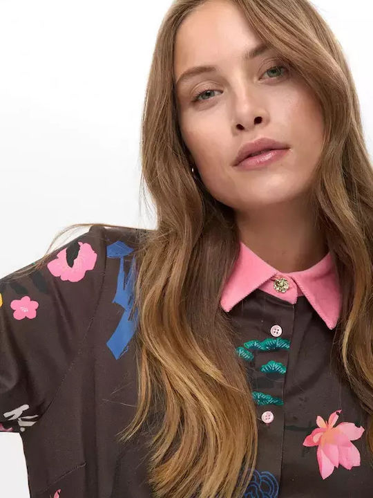 Long Sleeve Women's Corduroy Shirt Black Coffee Floral