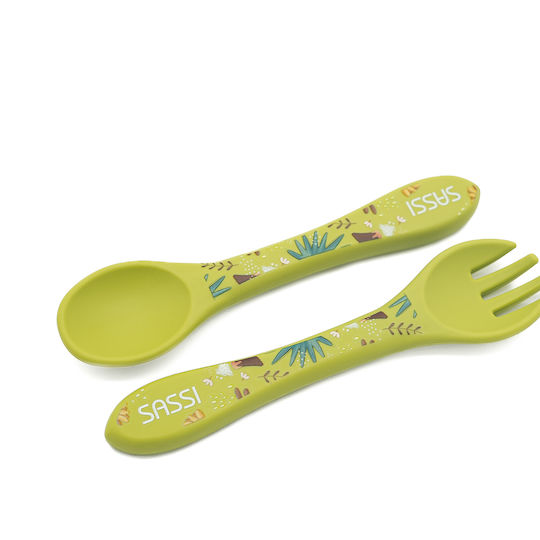 Sassi Junior Βρεφικό Σετ με Πιρούνι από Σιλικόνη για 6+ μηνών Πράσινο 2τμχ