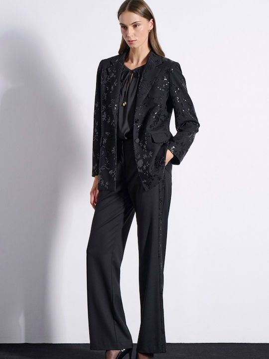 Matis Fashion Μακρύ Γυναικείο Σακάκι Black με Παγιέτες