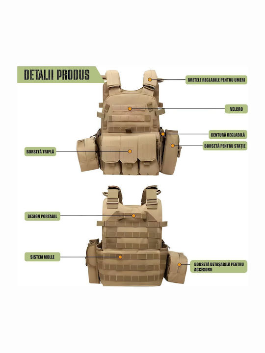 Linovit Vestă Tactică Reglabilă Airsoft Paintball Vânătoare Outdoor Material Oxford 600d Sistem Molle Multiple Buzunare Față Spate Buzunare Interne Plăci Balistice Kaki