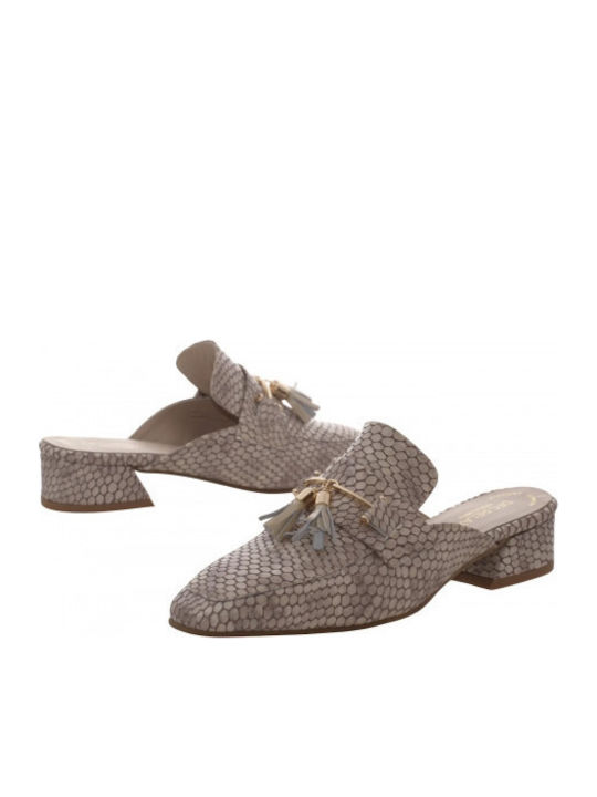 Leather Mules with Heel in Beige Color