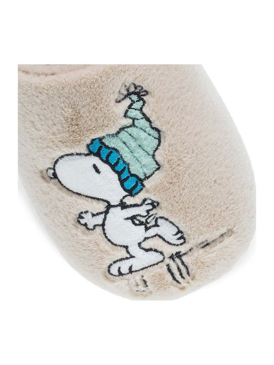 Snoopy Peanuts Χειμερινές Γυναικείες Παντόφλες Μπεζ