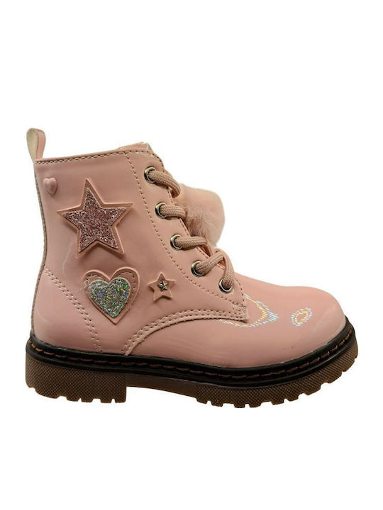 Kids Boots from Patent Leather with Laces Pink