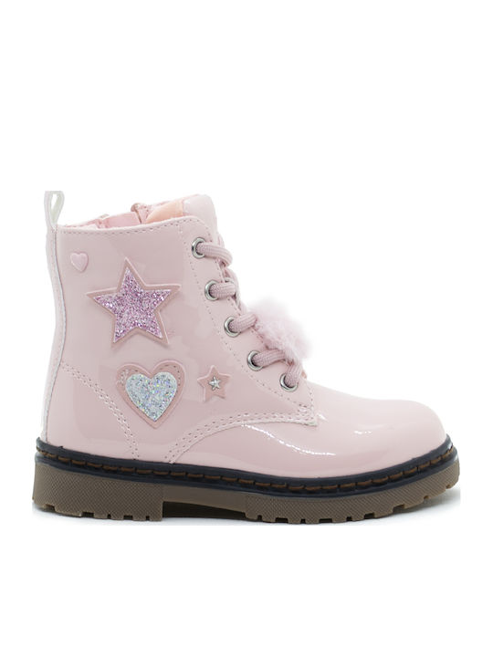 Kids Boots from Patent Leather with Laces Pink