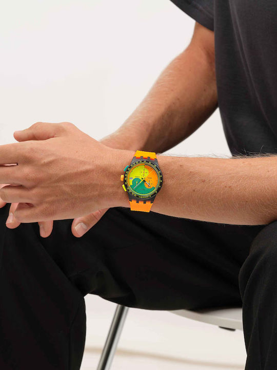 Swatch Unisex Men's Watch Chronograph Battery with Orange Rubber Strap