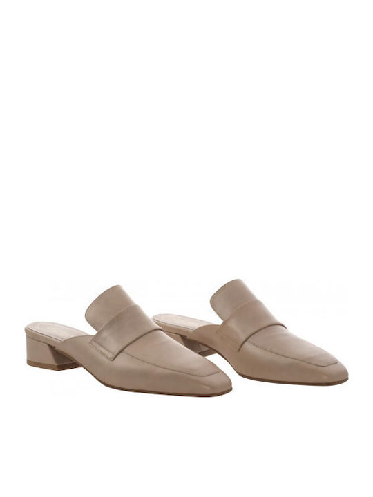 Leather Mules with Heel in Beige Color