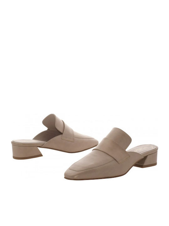 Leather Mules with Heel in Beige Color