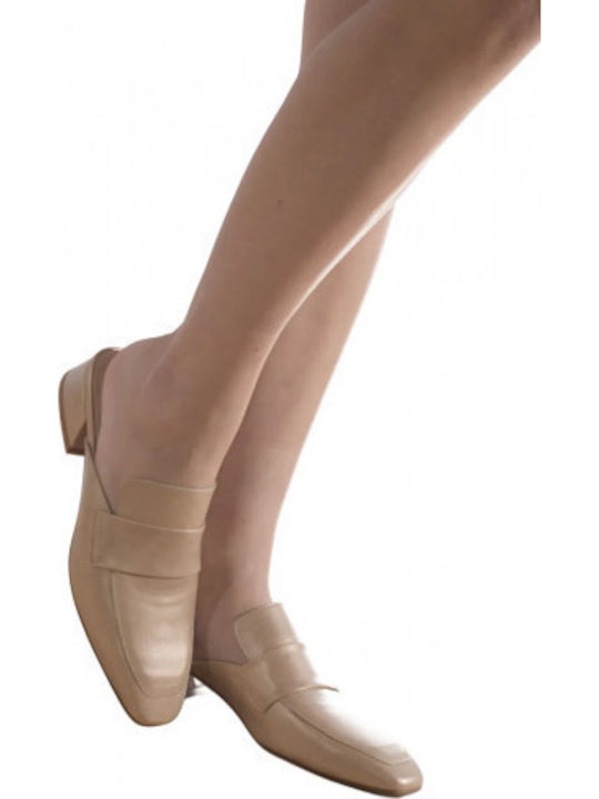 Leather Mules with Heel in Beige Color