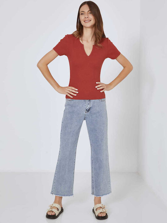 Women's Blouse Cotton with V Neckline Red