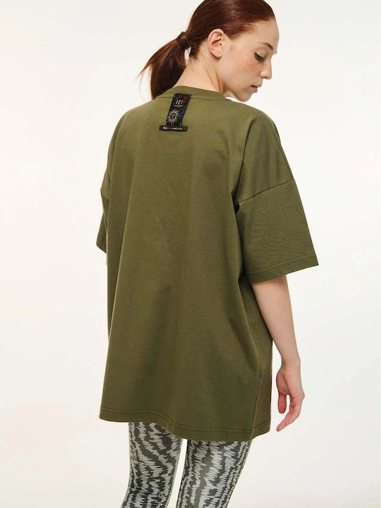 Moon Γυναικείο Oversized Crop T-shirt Ριγέ Olive