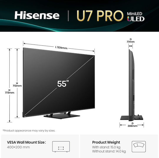 Hisense Смарт Телевизор 55" 4K UHD Mini LED U7Q PRO HDR (2025) 55U7Q PRO