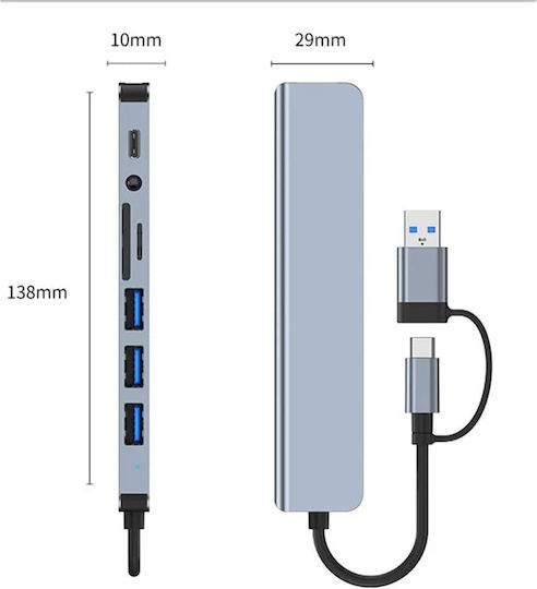Techsuit Databridge 8-in-1 (H9) USB-Hub 5 Schnittstellen USB 3.2 mit Anschluss an einen Computer USB-A / USB-C Graues