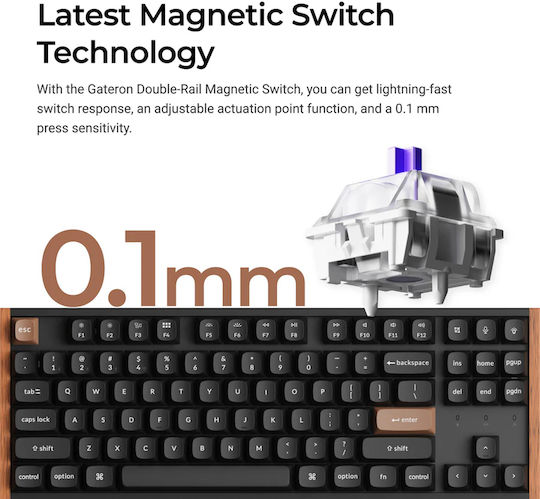 Keychron K8 HE K8H-F1 Fără fir Efect Hall Gaming Tastatură Tenkeyless cu Magnetic comutatoare și iluminare RGB (Engleză US) Special Wood Edition