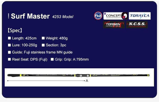 Noeby Surf Master Hubrid Καλάμι Ψαρέματος για Surf Casting 4.25m με Μηχανισμό 250gr