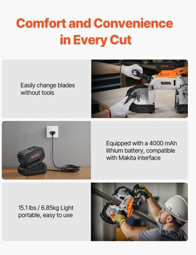 Portable Cordless Band Saw Kit Vevor 20v Battery Charger Cutting Depth 127 mm x 115 mm Metal Band Saw Brushless Motor Variable Speed 0-192 m min Metal Wood Cutting