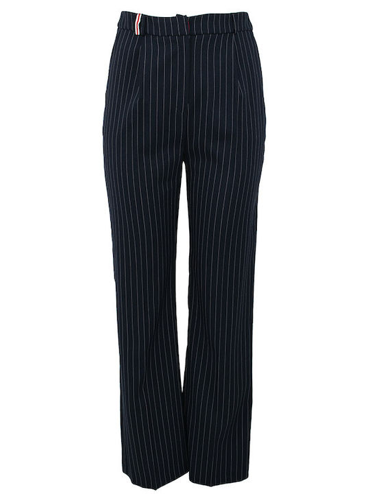 Women's High-waisted Fabric Trousers Straight Line Striped Blue