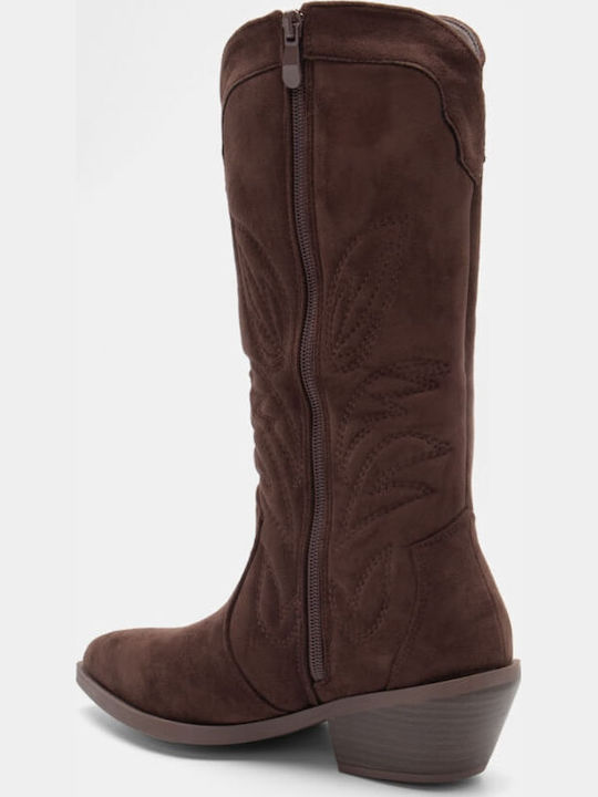 Suede Medium Heel Cowboy Boots with Zipper Brown