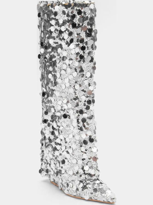 Wildleder Damenstiefel mit hohem Absatz Silber
