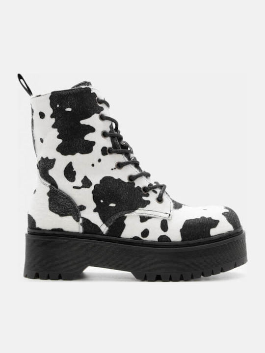 Damen Kampfstiefel mit Mittelhohem Absatz Weiß/Schwarz