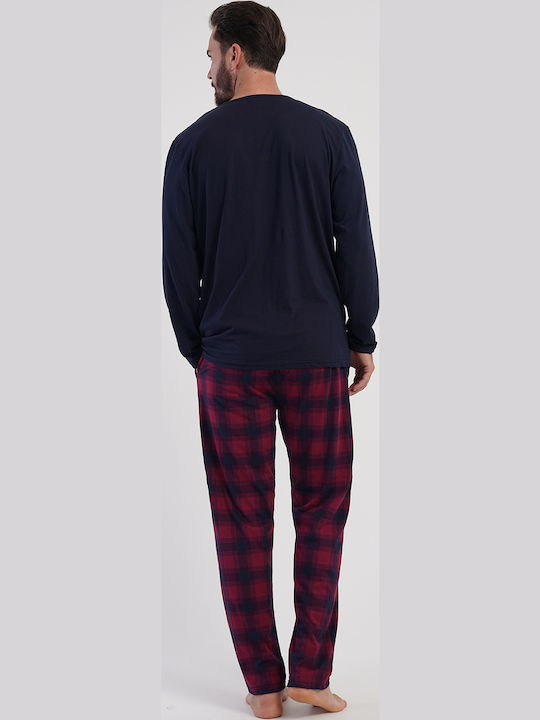 Vienetta Secret Plus Size Men's Winter Checked Pajamas Set Blue Marine