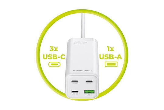 Mobile Origin Charging Stand GaN with USB-A Port and 3 USB-C Ports 100W Power Delivery in White color (MO-100CMH-PW18)
