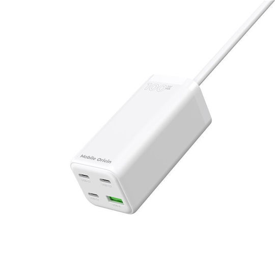 Mobile Origin Charging Stand GaN with USB-A Port and 3 USB-C Ports 100W Power Delivery in White color (MO-100CMH-PW18)