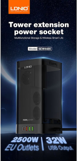 Ldnio Πολύπριζο 3 Θέσεων με 3 USB-A, USB-C, Διακόπτη και Καλώδιο 2m