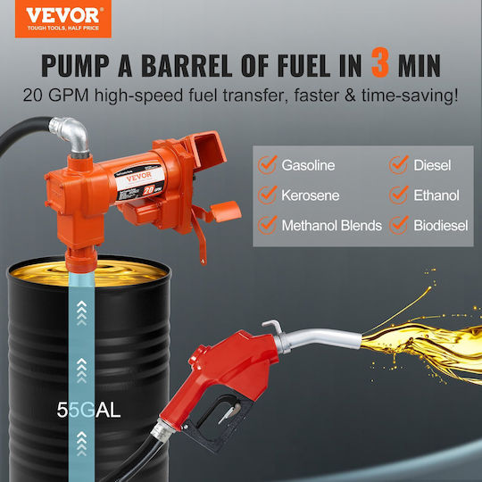 Vevor Fuel Transfer Pump 12v Dc 20 Gpm 1/4 Hp Gasoline Extractor Pump Automatic Nozzle Discharge Hose & Suction Pipe Gasoline Diesel Kerosene Ethanol & Methanol Blends Biodiesel