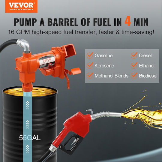 Vevor Fuel Transfer Pump 12V DC 16 GPM 1/4 HP Gasoline Extractor Pump Automatic Nozzle Discharge Hose & Suction Pipe Gasoline Diesel Kerosene Ethanol & Methanol Blends Biodiesel