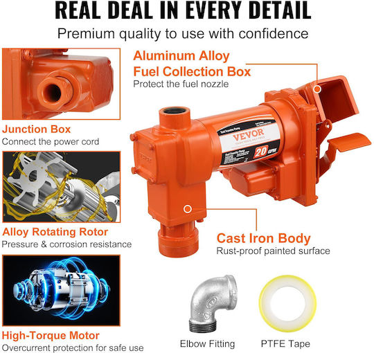 Vevor Fuel Transfer Pump 12V DC 20 GPM 1/4 HP High Flow Cast Iron Gasoline Extractor Pump Fuel Collection Box Design Gasoline Diesel Kerosene Ethanol & Methanol Blends Biodiesel