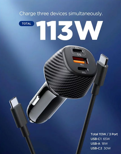 Spigen Φορτιστής Αυτοκινήτου 113W 3.25A με Θύρες: 1xUSB 2xType-C μαζί με Καλώδιο Type-C Μαύρο Χρώμα