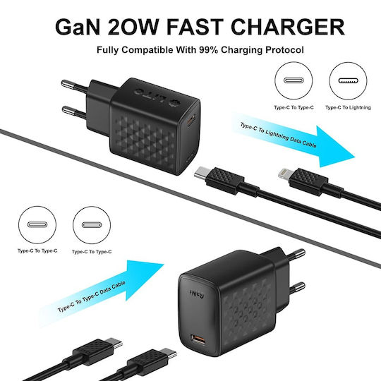 Lito Ladegerät GaN mit USB-C Anschluss und Kabel USB-C - USB-C 20W Stromlieferung Schwarzs (LC13)