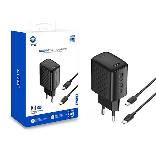 Lito Φορτιστής GaN με Θύρα USB-C και Καλώδιο USB-C - USB-C 30W Power Delivery Μαύρος (LC17)