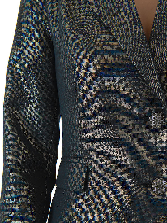 Moutaki Women's Waisted Blazer Μαύρο, Πράσινο, Χρυσό