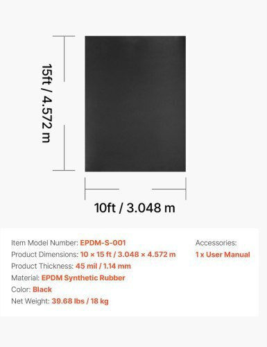 Vevor Roof Roll 10 X 15 Ft 3.05 X 4.57 M 45 Mil Epdm Rubber Roof Long Lifespan & Weather Resistant Withstands Harsh Temperatures Flexible & Easy Installation Roof Underlayment Rvs Roofs Ponds