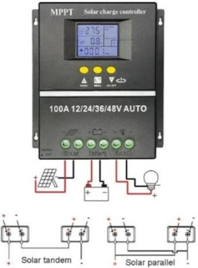 Solar Controller Mppt Pwm 12v 24v 36v 48v 100a Lcd Display 7 Operating Modes Automatic Battery Detection Black