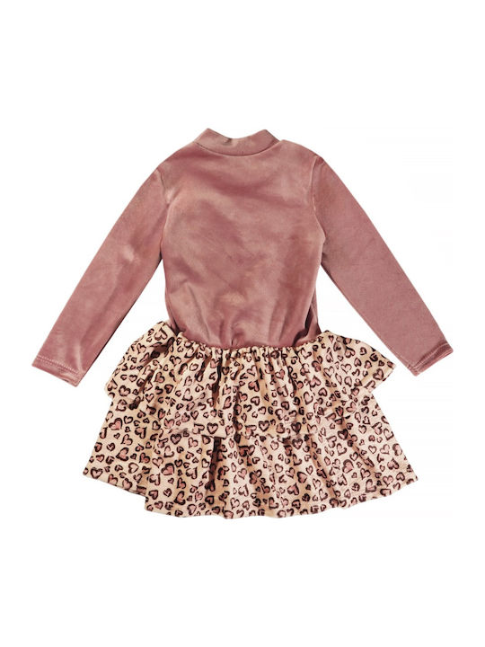 Children's Dress Long Sleeve Velvet Animal Print Dusty Apple