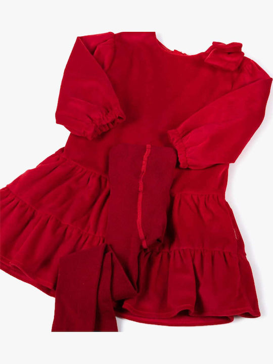 Kids Dress Long Sleeve Velvet Set with Tights Red